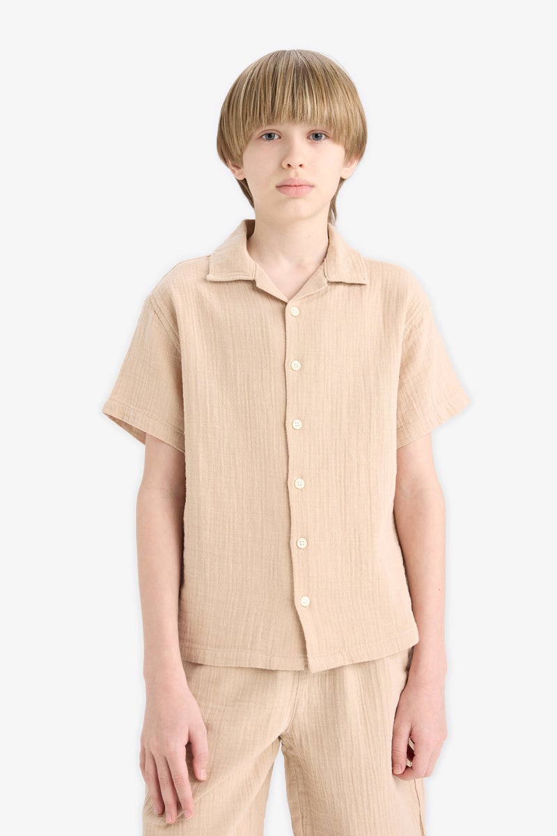 DeFacto Beige Boy Boy Oversize Polo Neck Muslin Shirt Casual - Image 3